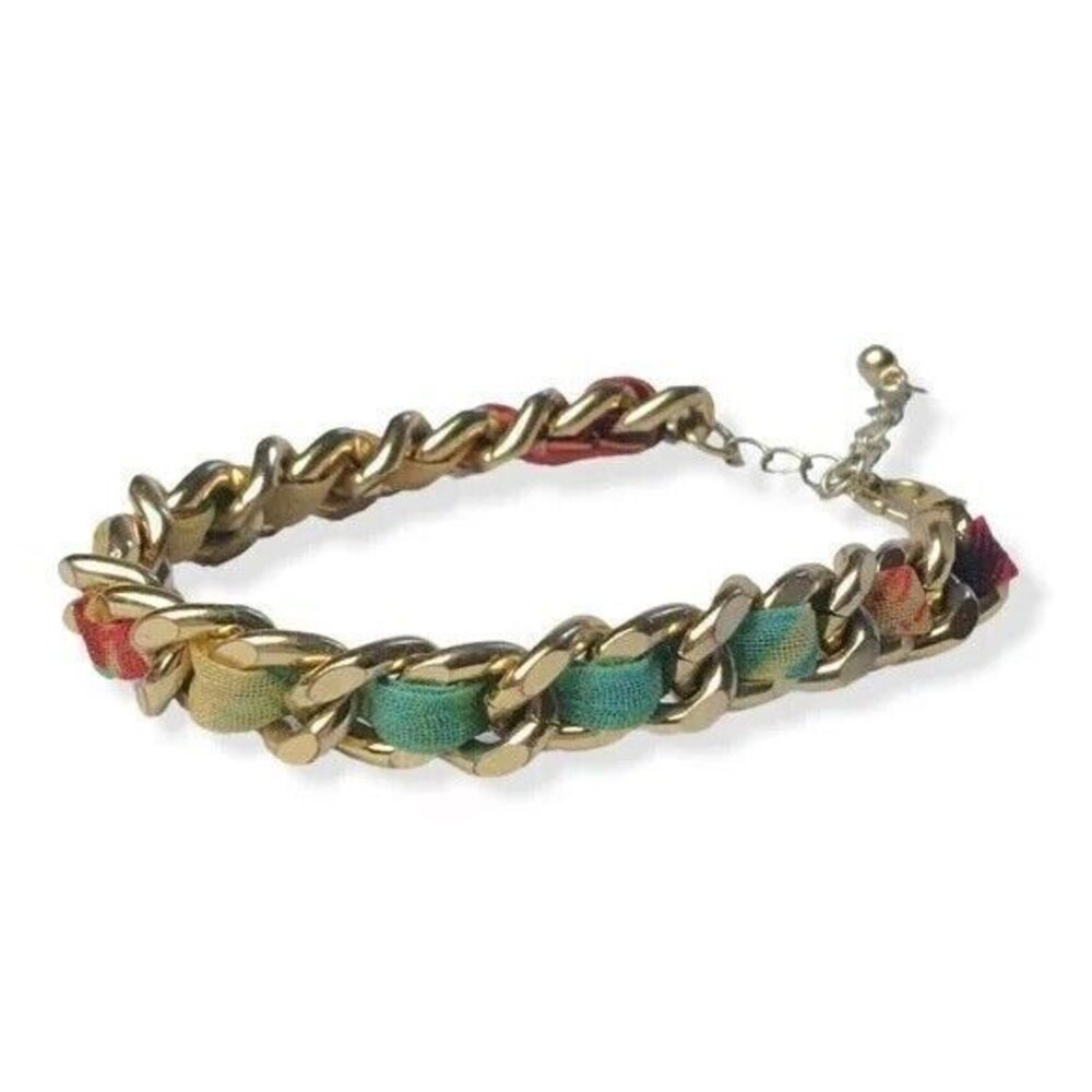 Curb Chain Bracelet Gold Tone Multicolor Fabric 7in Long 2in Extender